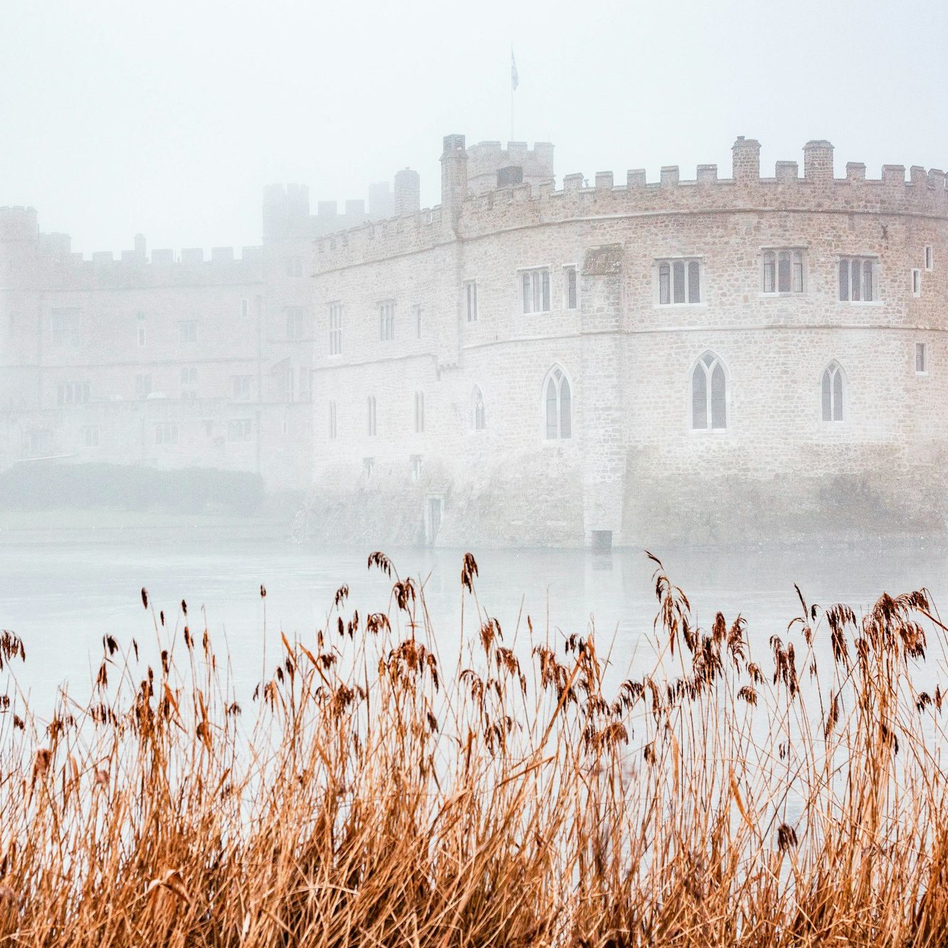 thick fog surrounding Leeds Castle and moat, England